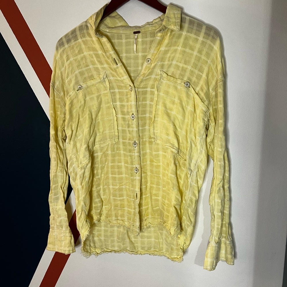 Free People Butter Yellow Checked Windowpane Button-Down Shirt Beach